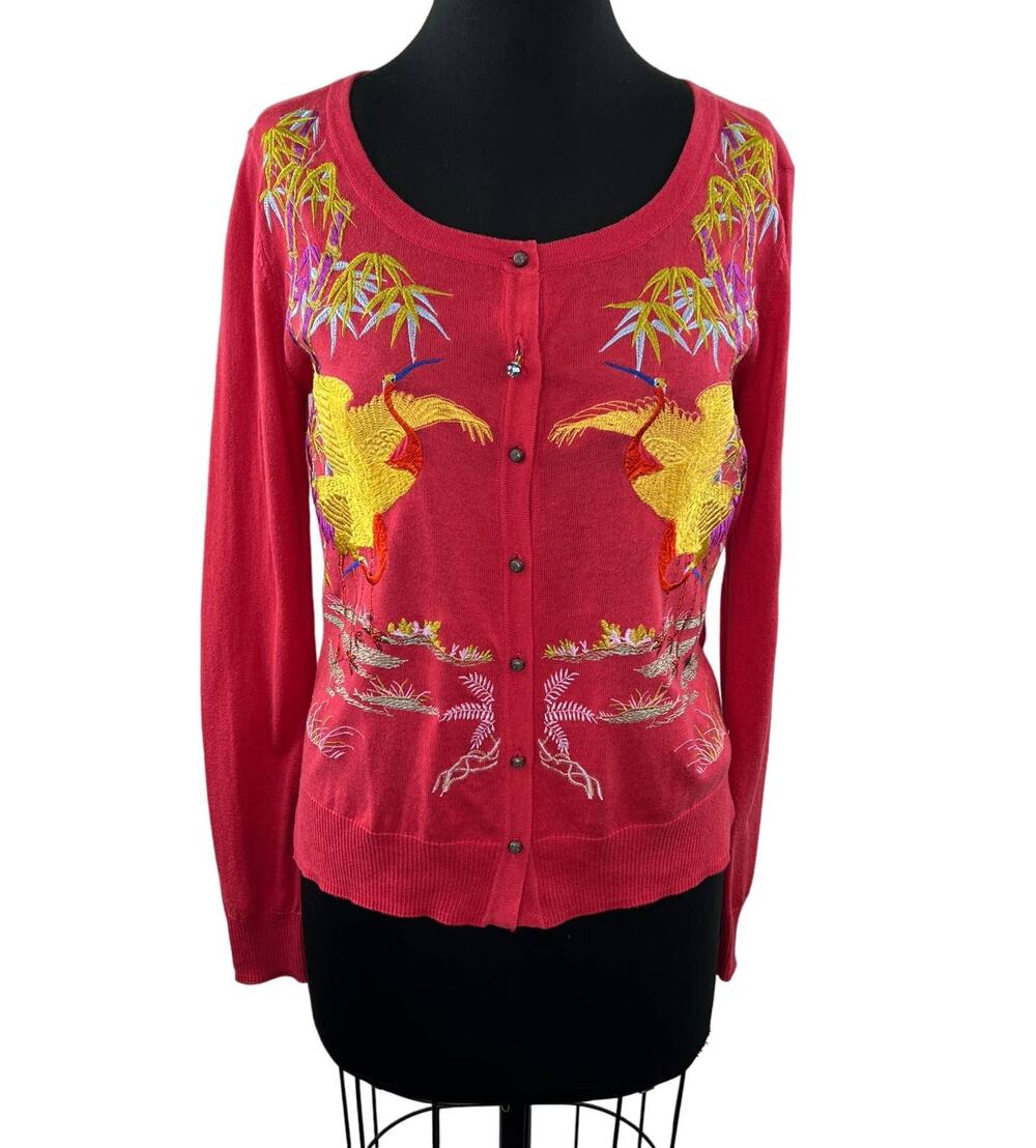 Soft Surroundings Pink XS Cardigan Sweater Embroidered Cranes Birds Long Sleeve